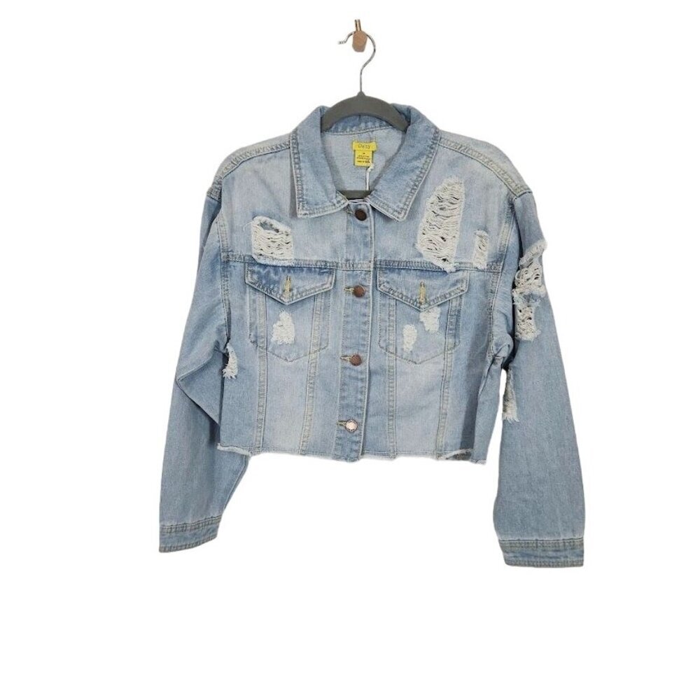 Daisy Distressed Cropped Jean Jacket in Medium Denim‎ Wash - Size Medium